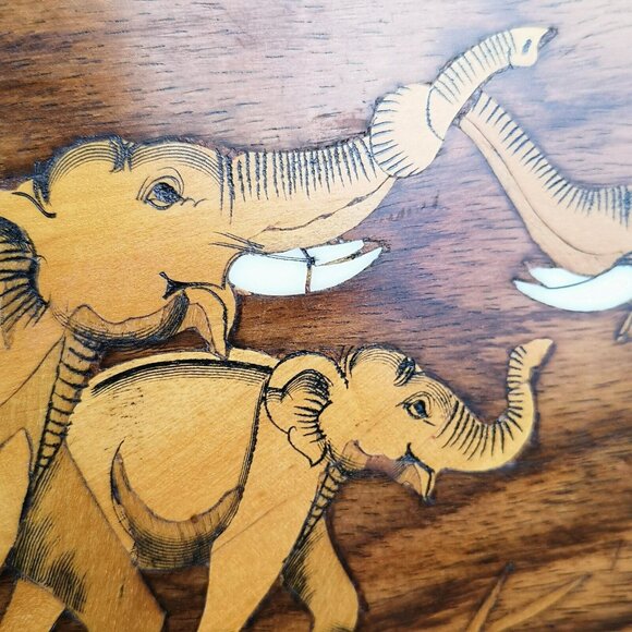 Vintage Handmade Marquetry Wooden Elephant Wall Picture 14"x6" Etched Carved - Picture 3 of 14
